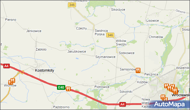 mapa Szymanowice gmina Kostomłoty, Szymanowice gmina Kostomłoty na mapie Targeo