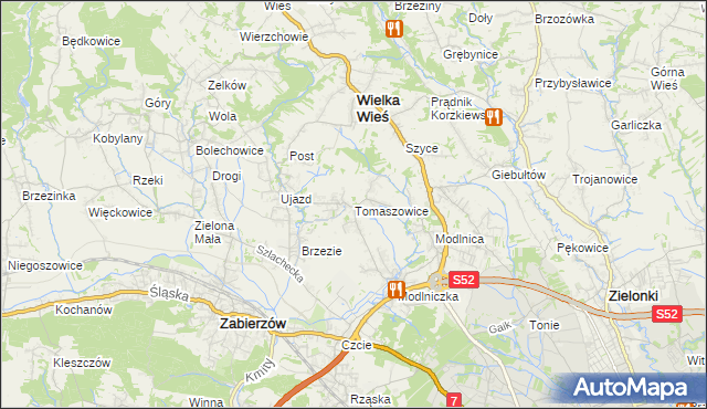 mapa Tomaszowice gmina Wielka Wieś, Tomaszowice gmina Wielka Wieś na mapie Targeo