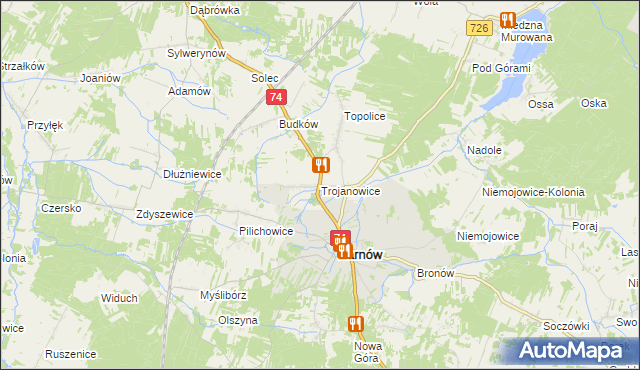 mapa Trojanowice gmina Żarnów, Trojanowice gmina Żarnów na mapie Targeo