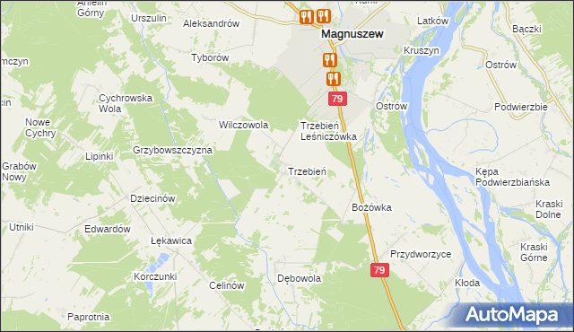 mapa Trzebień gmina Magnuszew, Trzebień gmina Magnuszew na mapie Targeo