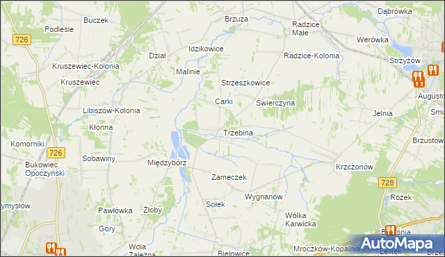 mapa Trzebina gmina Drzewica, Trzebina gmina Drzewica na mapie Targeo
