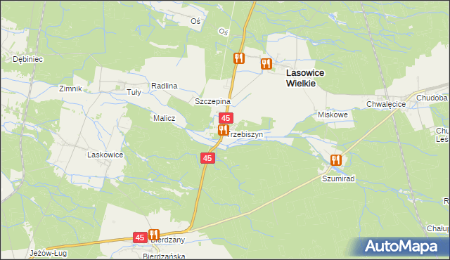 mapa Trzebiszyn gmina Lasowice Wielkie, Trzebiszyn gmina Lasowice Wielkie na mapie Targeo