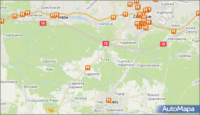 mapa Turza gmina Łazy, Turza gmina Łazy na mapie Targeo