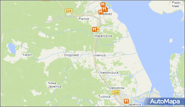 mapa Uniemyśl gmina Police, Uniemyśl gmina Police na mapie Targeo