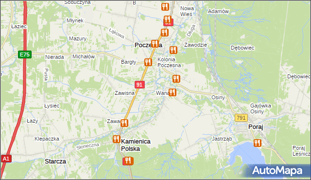 mapa Wanaty gmina Kamienica Polska, Wanaty gmina Kamienica Polska na mapie Targeo