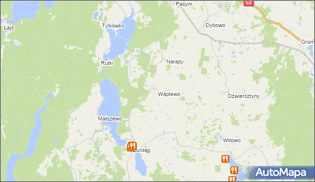 mapa Waplewo gmina Jedwabno, Waplewo gmina Jedwabno na mapie Targeo