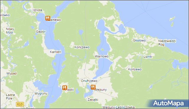 mapa Warnowo gmina Ruciane-Nida, Warnowo gmina Ruciane-Nida na mapie Targeo