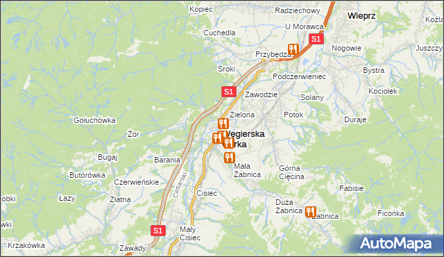 mapa Węgierska Górka, Węgierska Górka na mapie Targeo