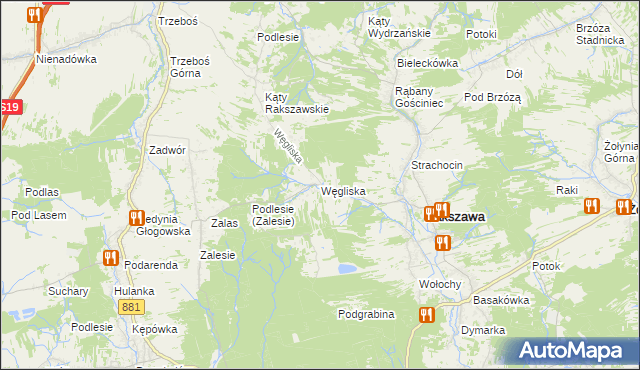 mapa Węgliska gmina Rakszawa, Węgliska gmina Rakszawa na mapie Targeo