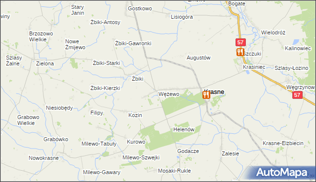 mapa Wężewo gmina Krasne, Wężewo gmina Krasne na mapie Targeo