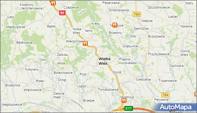 mapa Wielka Wieś powiat krakowski, Wielka Wieś powiat krakowski na mapie Targeo