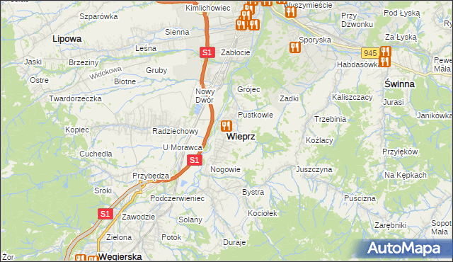 mapa Wieprz gmina Radziechowy-Wieprz, Wieprz gmina Radziechowy-Wieprz na mapie Targeo