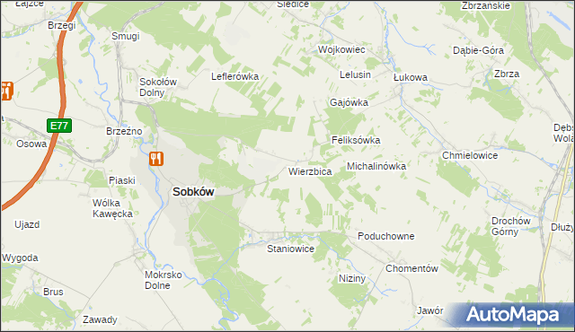 mapa Wierzbica gmina Sobków, Wierzbica gmina Sobków na mapie Targeo