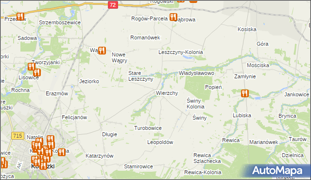 mapa Wierzchy gmina Koluszki, Wierzchy gmina Koluszki na mapie Targeo