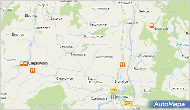 mapa Wilamowice gmina Ciepłowody, Wilamowice gmina Ciepłowody na mapie Targeo