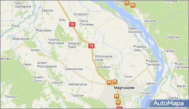 mapa Wilczkowice Dolne gmina Magnuszew, Wilczkowice Dolne gmina Magnuszew na mapie Targeo