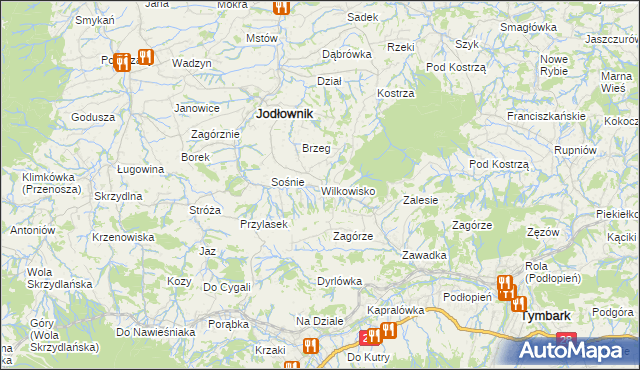 mapa Wilkowisko gmina Jodłownik, Wilkowisko gmina Jodłownik na mapie Targeo