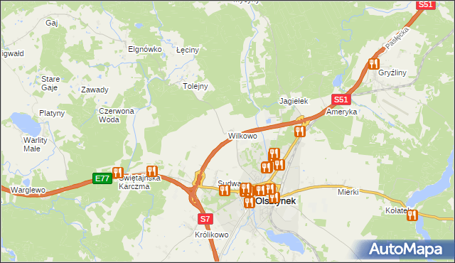 mapa Wilkowo gmina Olsztynek, Wilkowo gmina Olsztynek na mapie Targeo
