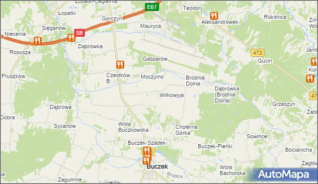 mapa Wilkowyja gmina Buczek, Wilkowyja gmina Buczek na mapie Targeo