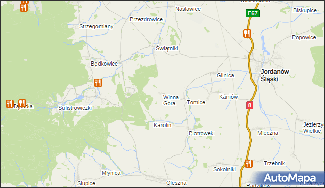 mapa Winna Góra gmina Jordanów Śląski, Winna Góra gmina Jordanów Śląski na mapie Targeo