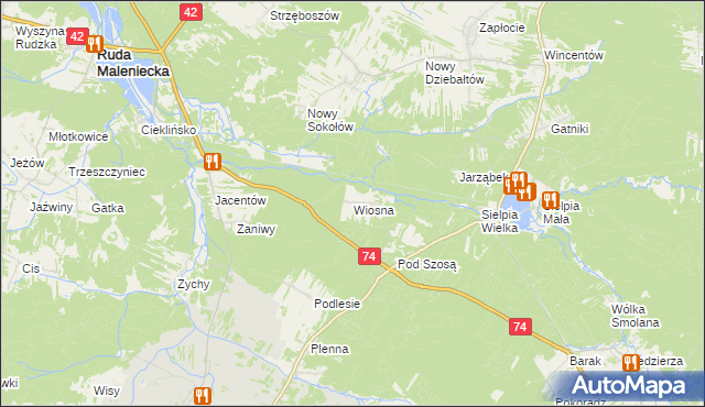 mapa Wiosna gmina Radoszyce, Wiosna gmina Radoszyce na mapie Targeo