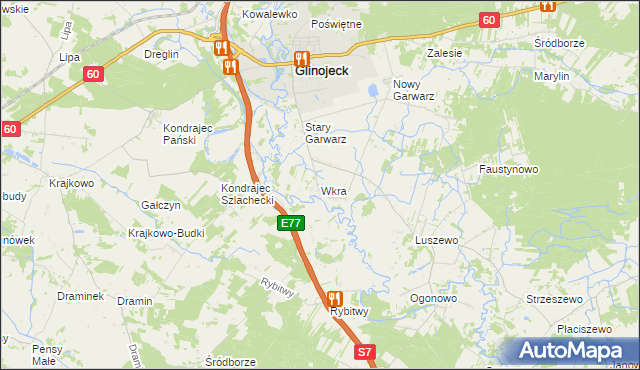 mapa Wkra gmina Glinojeck, Wkra gmina Glinojeck na mapie Targeo