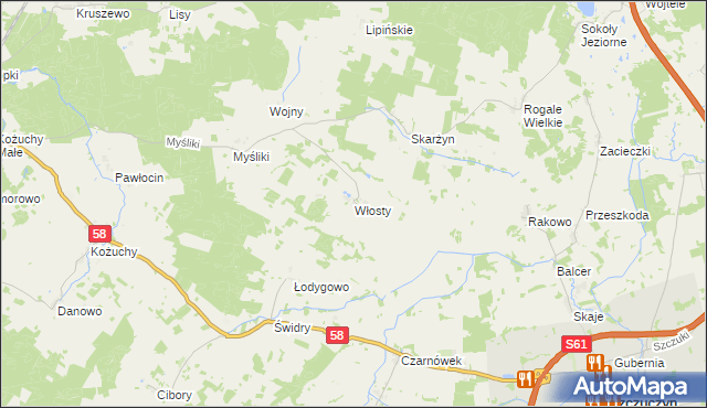 mapa Włosty gmina Biała Piska, Włosty gmina Biała Piska na mapie Targeo