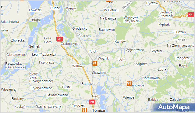 mapa Woźniki gmina Tomice, Woźniki gmina Tomice na mapie Targeo