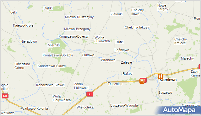 mapa Wronowo gmina Karniewo, Wronowo gmina Karniewo na mapie Targeo