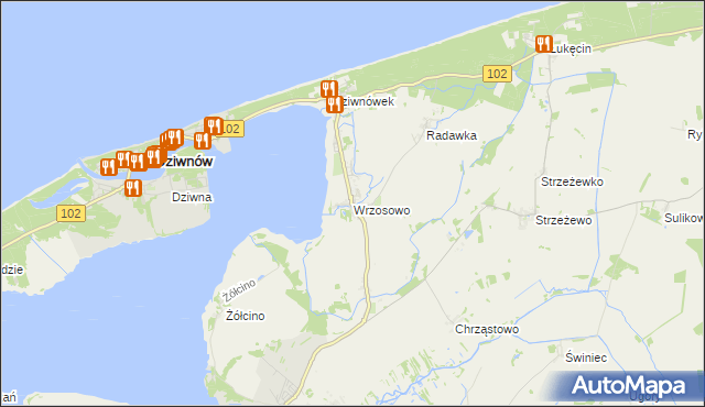 mapa Wrzosowo gmina Kamień Pomorski, Wrzosowo gmina Kamień Pomorski na mapie Targeo