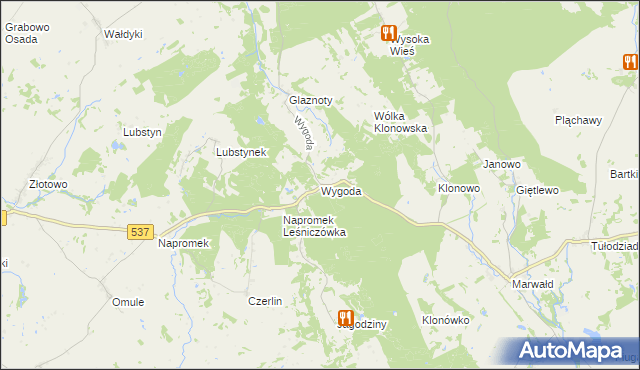 mapa Wygoda gmina Ostróda, Wygoda gmina Ostróda na mapie Targeo