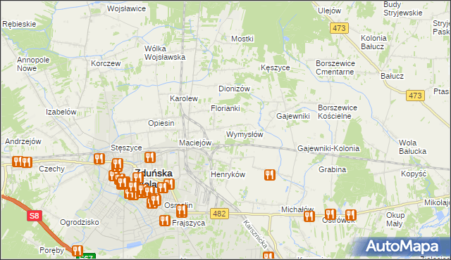 mapa Wymysłów gmina Zduńska Wola, Wymysłów gmina Zduńska Wola na mapie Targeo