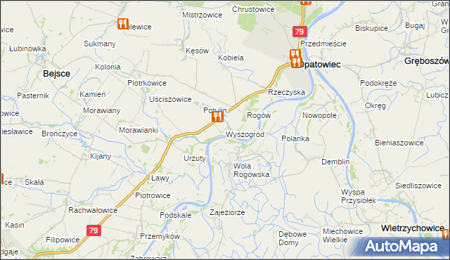 mapa Wyszogród gmina Opatowiec, Wyszogród gmina Opatowiec na mapie Targeo