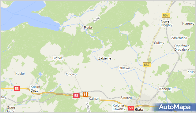 mapa Zabielne gmina Biała Piska, Zabielne gmina Biała Piska na mapie Targeo