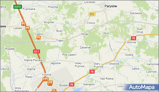 mapa Żabieniec gmina Parysów, Żabieniec gmina Parysów na mapie Targeo