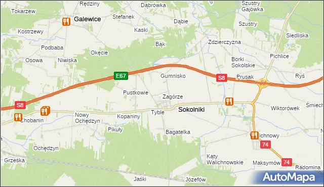 mapa Zagórze gmina Sokolniki, Zagórze gmina Sokolniki na mapie Targeo