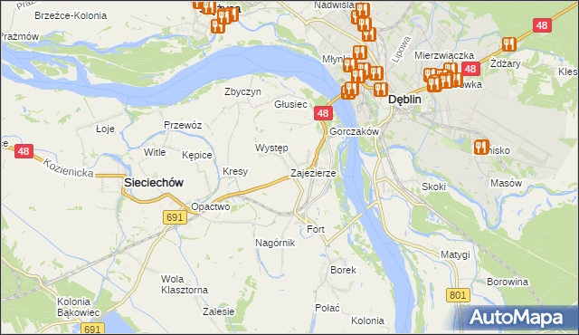mapa Zajezierze gmina Sieciechów, Zajezierze gmina Sieciechów na mapie Targeo