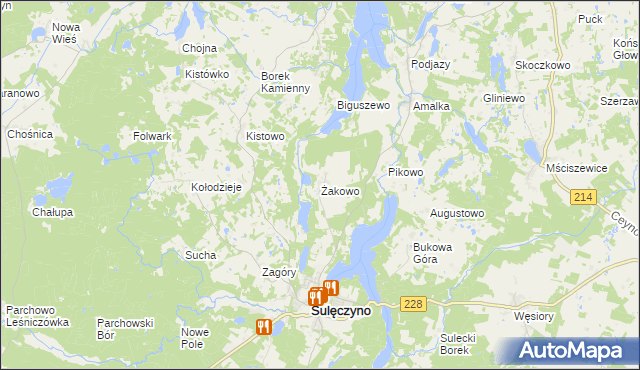 mapa Żakowo gmina Sulęczyno, Żakowo gmina Sulęczyno na mapie Targeo
