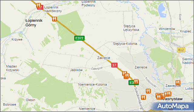mapa Zakręcie gmina Krasnystaw, Zakręcie gmina Krasnystaw na mapie Targeo