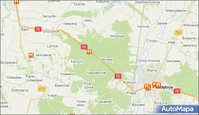mapa Zakrzew gmina Poddębice, Zakrzew gmina Poddębice na mapie Targeo