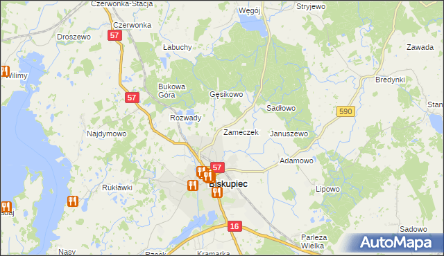 mapa Zameczek gmina Biskupiec, Zameczek gmina Biskupiec na mapie Targeo