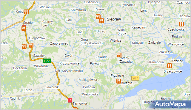 mapa Zawada gmina Myślenice, Zawada gmina Myślenice na mapie Targeo