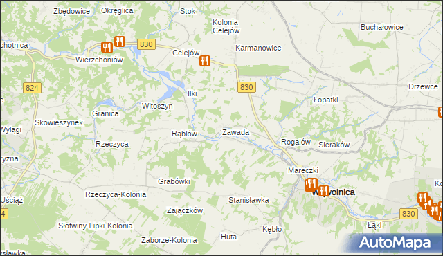 mapa Zawada gmina Wąwolnica, Zawada gmina Wąwolnica na mapie Targeo