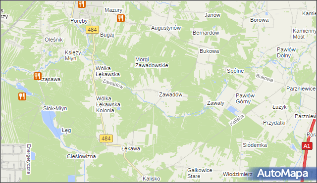 mapa Zawadów gmina Bełchatów, Zawadów gmina Bełchatów na mapie Targeo