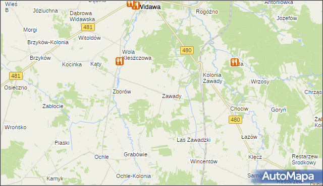 mapa Zawady gmina Widawa, Zawady gmina Widawa na mapie Targeo