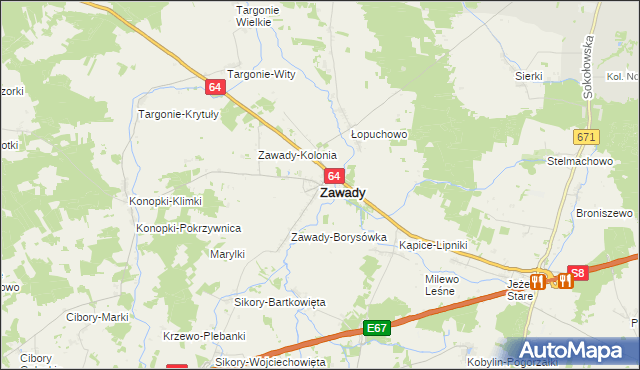 mapa Zawady powiat białostocki, Zawady powiat białostocki na mapie Targeo