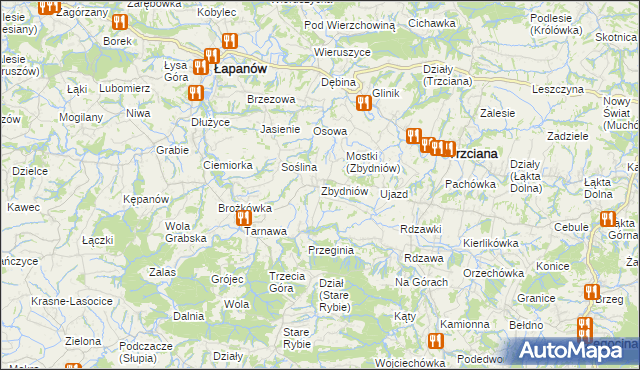 mapa Zbydniów gmina Łapanów, Zbydniów gmina Łapanów na mapie Targeo