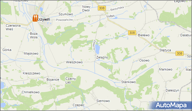 mapa Żelazno gmina Krzywiń, Żelazno gmina Krzywiń na mapie Targeo