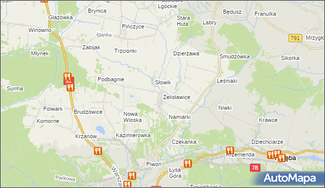 mapa Żelisławice gmina Siewierz, Żelisławice gmina Siewierz na mapie Targeo