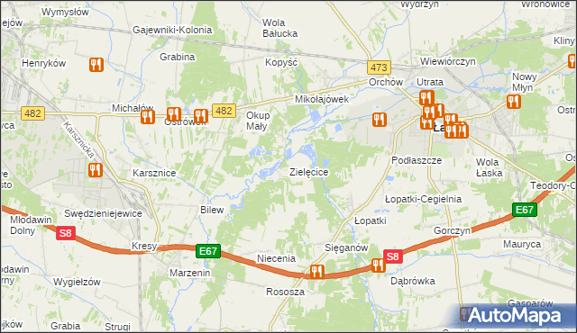 mapa Zielęcice gmina Łask, Zielęcice gmina Łask na mapie Targeo